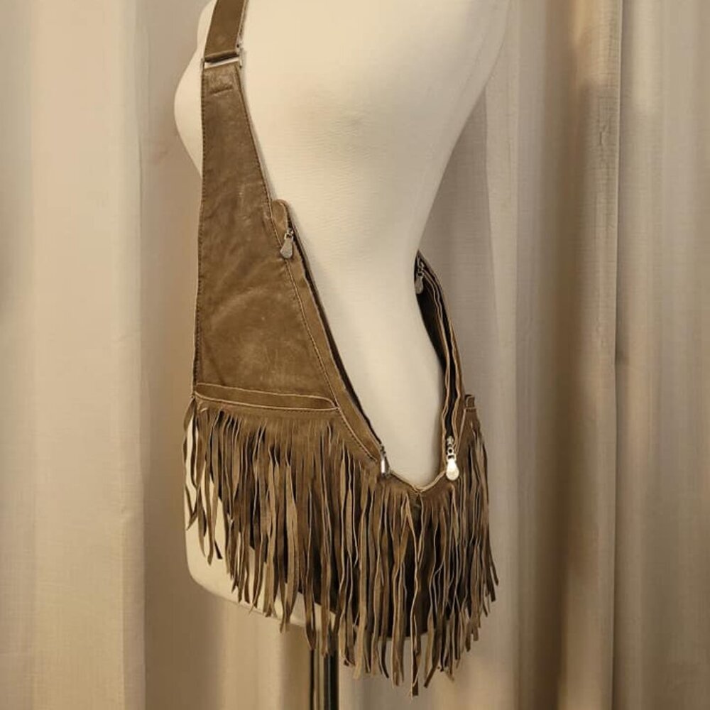 Shitaki Full Fringe Raw Edge LEATHER Sash Bag. Original Classic+ size.